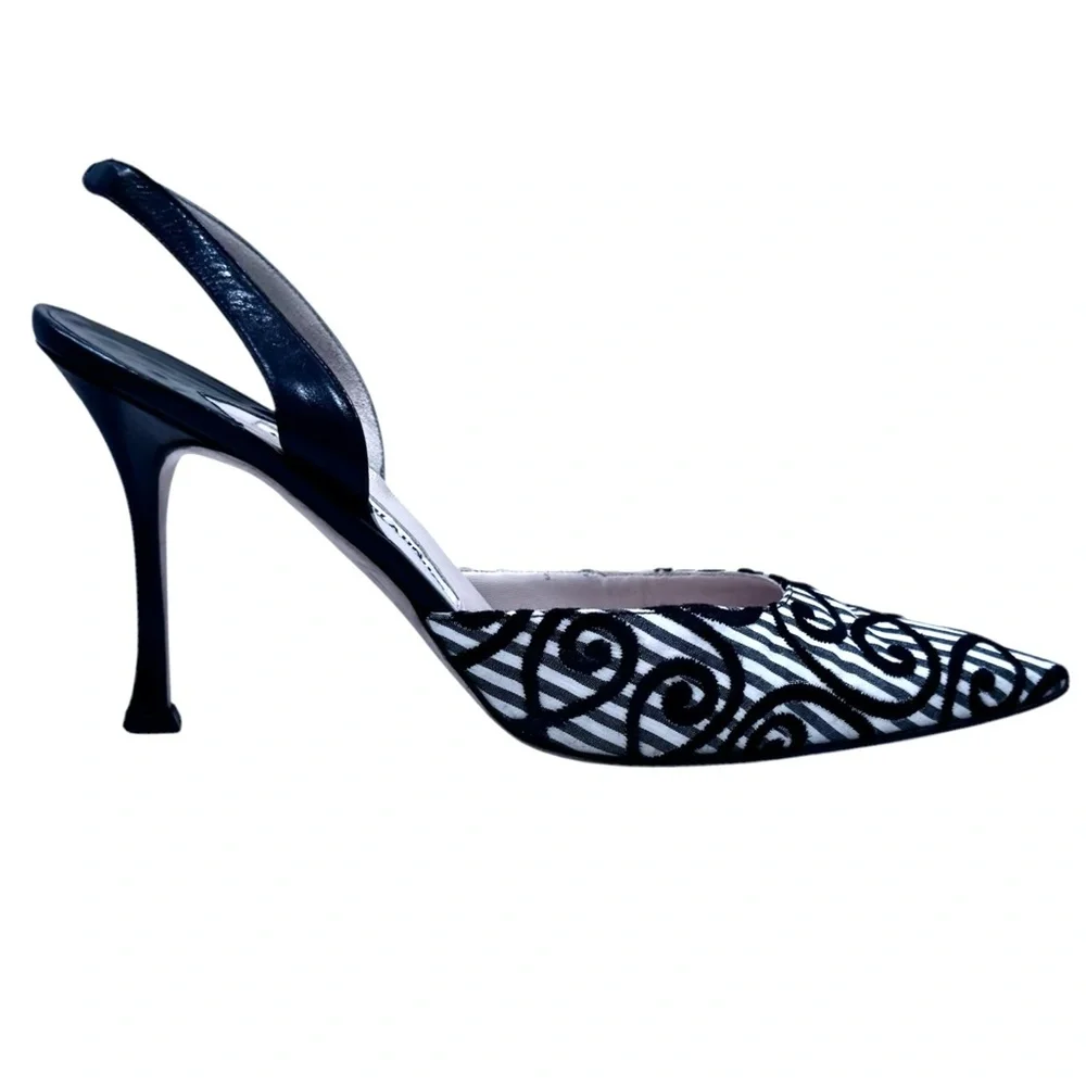 MANOLO BLAHNIK CAROLYNE SLING BACK BLACK & WHITE STRIPES W BLACK VELVET SWIRLS